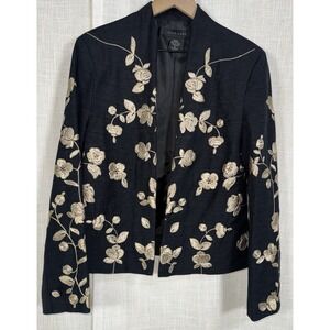 100% Silk Land Blazer Jacket Women's XL Embroidered Boho Artsy Black Tan Floral